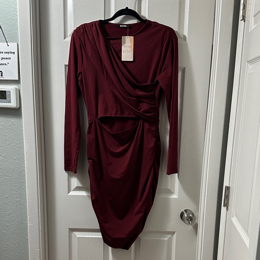 Elegant Burgundy Long Sleeve Fleece Lined Dress